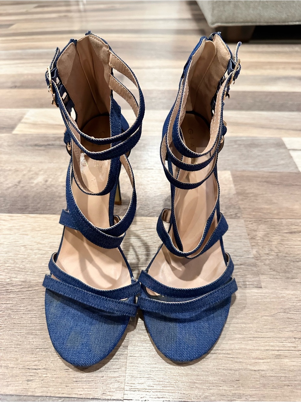 Glaze Denim Strappy High Heel Sandals in Blue